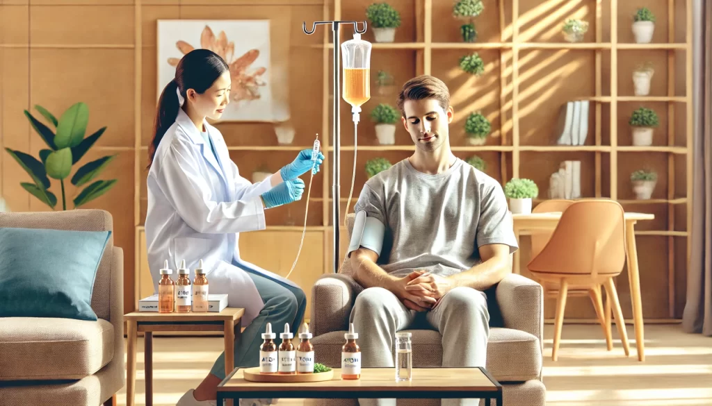 Uzman sağlık ekibi tarafından evde atom serum hizmeti uygulanan bir hasta.