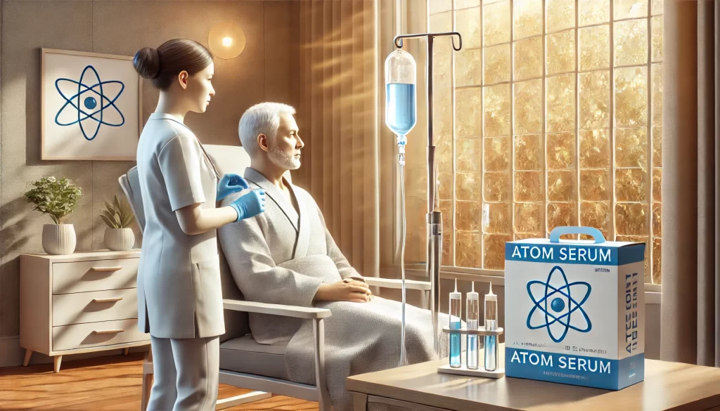 Bağışıklık sistemini desteklemek amacıyla evde atom serum hizmeti alan bir birey.