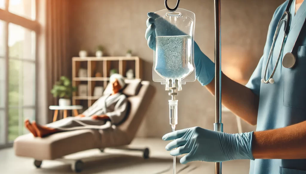 Kanser tedavisinde yüksek doz C vitamini desteği alan bir hasta ve yanında uzman sağlık ekibi.