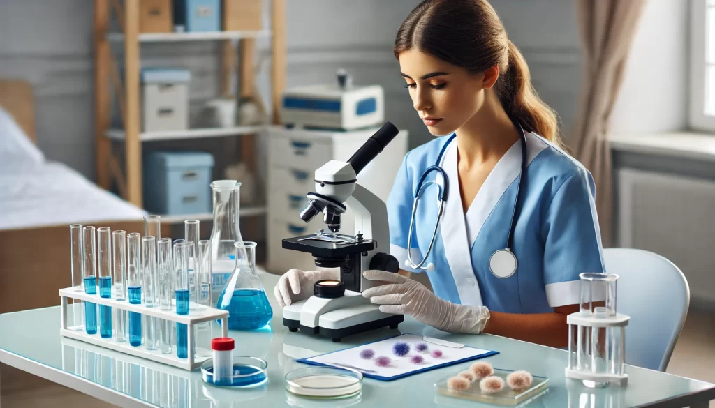 Hasta, laboratuvar testini yaptırırken uzman sağlık personeli tarafından işlem gerçekleştiriliyor.